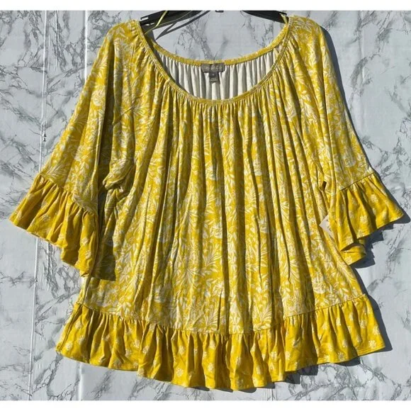 Style & Co XL Yellow Floral Bell Sleeve On Off Knit Top Dainty Ochre Rayon Blend - Picture 2 of 10